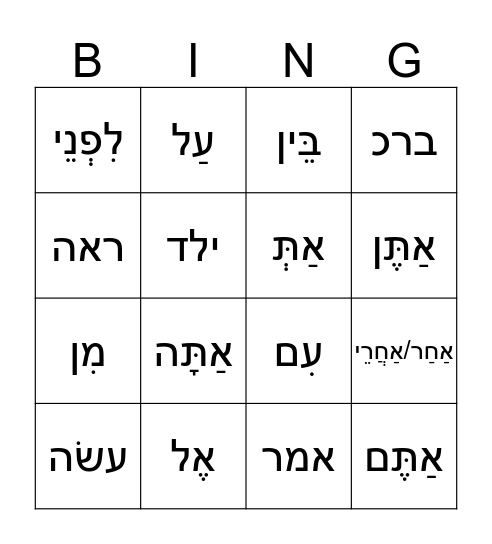 Unit # 5 (Chayei Sara) Chumash Vocabulary בִּנְגוֹ - words Bingo Card