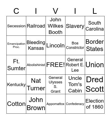 Civil War Bingo  Bingo Card