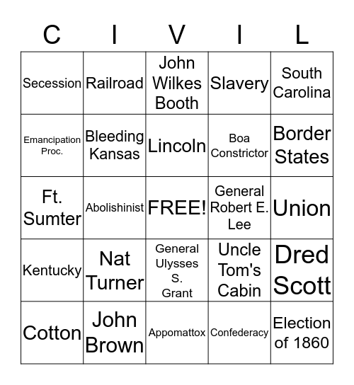 Civil War Bingo  Bingo Card