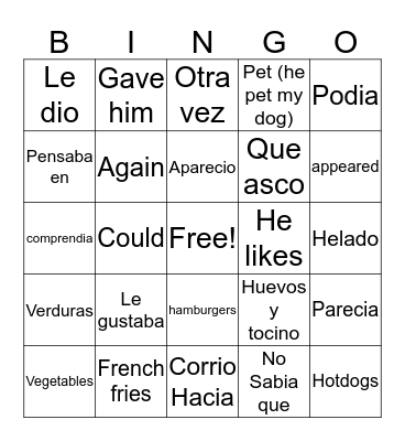 Spanish List Bingo Card