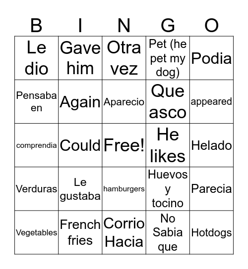 Spanish List Bingo Card