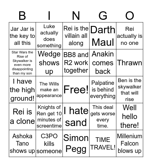 Star Wars Episode 9 Bingo Card Bingo Card