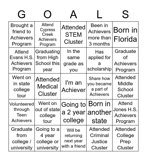 YMCA Youth/Teen Achievers  Bingo Card