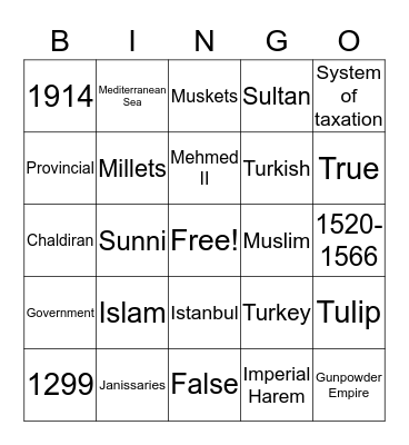 Ottoman Empire Bingo Card