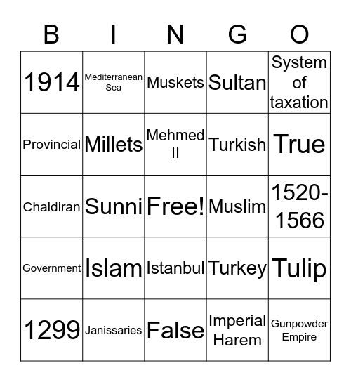 Ottoman Empire Bingo Card