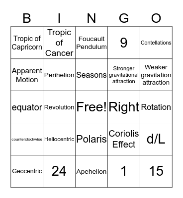 Earth's Motions Bingo Card