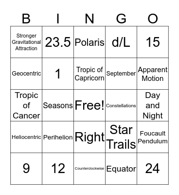 Earth's Motions Bingo Card