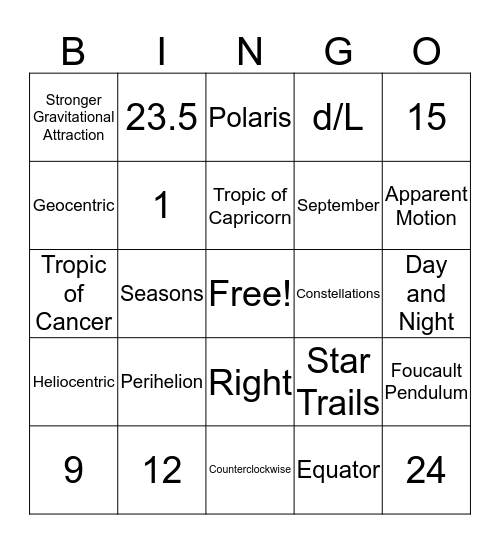 Earth's Motions Bingo Card