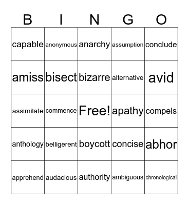 Vocabulary Bingo Card