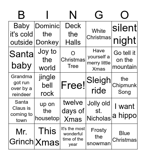 Christmas song bingo Card
