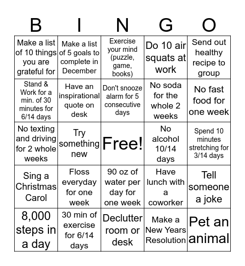 Wellness Bingo 2.0 Bingo Card