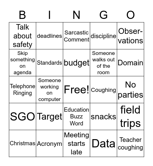 December Faculty meeting Bingo Card