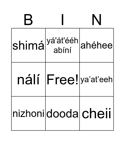 English to Navajo Bingo Card