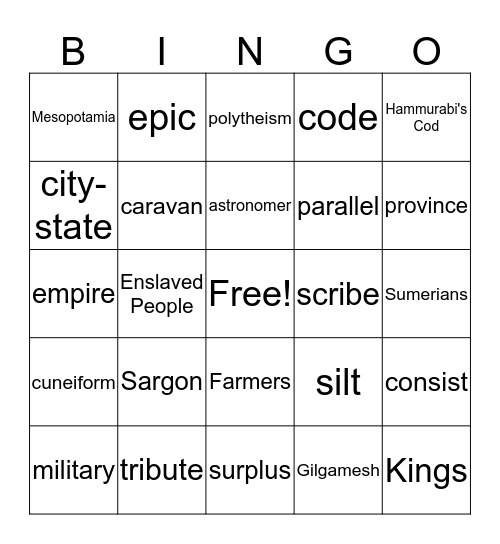 Mesopotamia Bingo Card