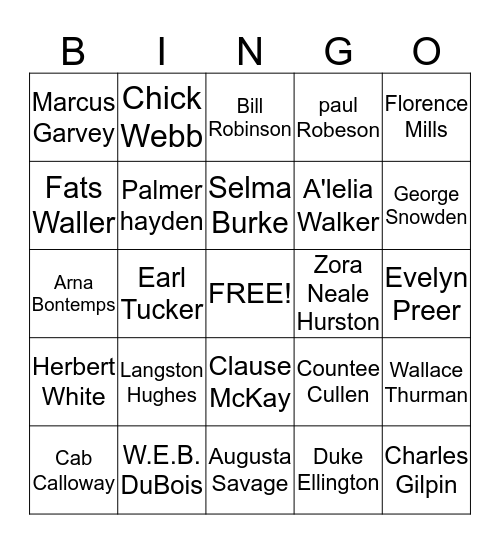 Harlem Renaissance Bingo Card