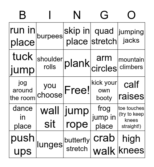 Fitness Bingo Card