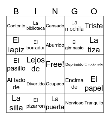 School objects and feelings Bingo Card