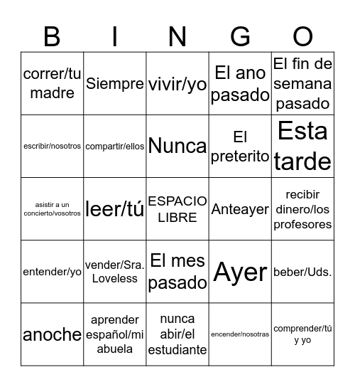 PRETERITO KEY WORDS y ER IR Unidad 8 Bingo Card