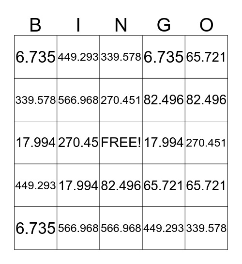 Rounding Decimals Bingo Card