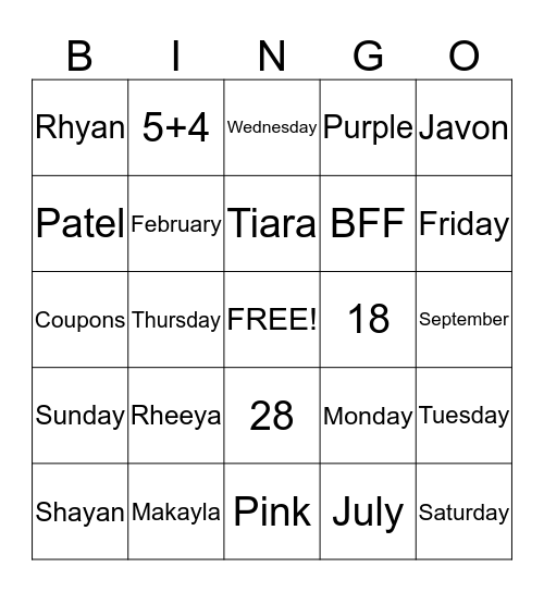 miscellaneous Bingo Card