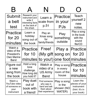 December Break FES Band Bando! Bingo Card