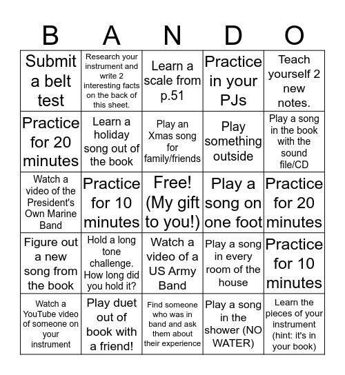 December Break FES Band Bando! Bingo Card