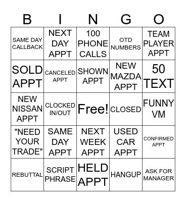 John Lee Nissan/Mazda BDC Bingo Card