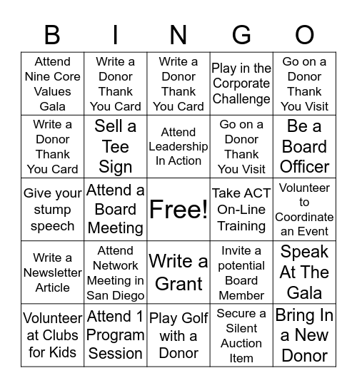 First Tee Board Bingo Card