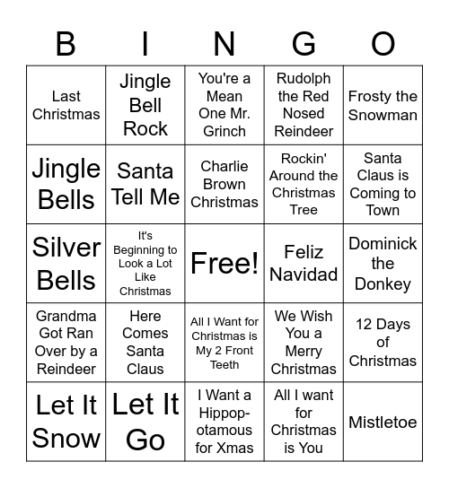 Holiday Song Bingo Card