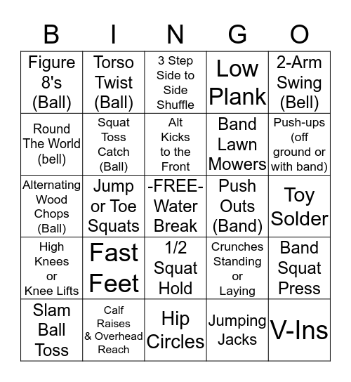 Band / Ball & Bodyweight Workout Bingo Card