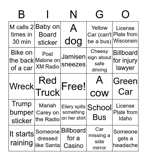 Road Trip Bingo  Bingo Card