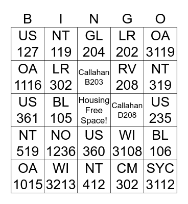 NKU Housing BINGO! Bingo Card