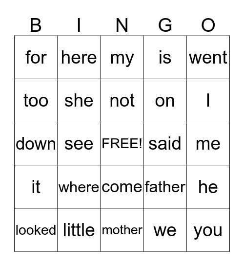 Reading Words  Bingo Card