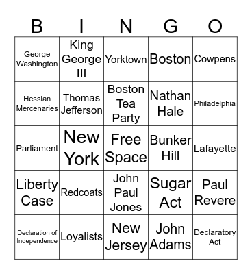 Revolutionary War ~ Valyn Survance Bingo Card