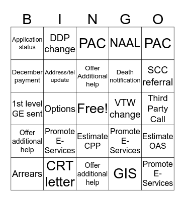 WPG PENSIONS CALL CENTRE Bingo Card