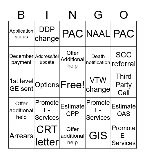 WPG PENSIONS CALL CENTRE Bingo Card