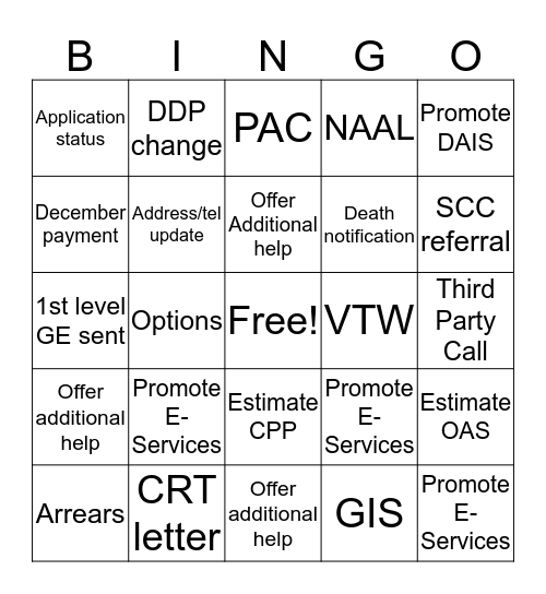 WPG PENSIONS CALL CENTRE Bingo Card