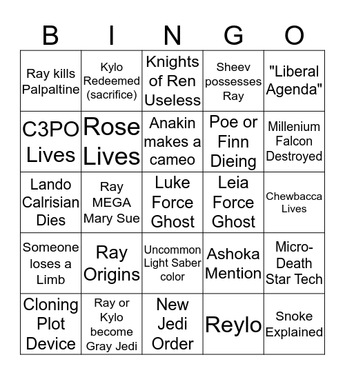 Rise of Skywalker Bingo Card