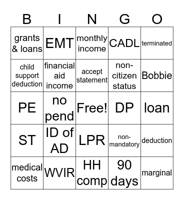 SNAP Bingo! Bingo Card