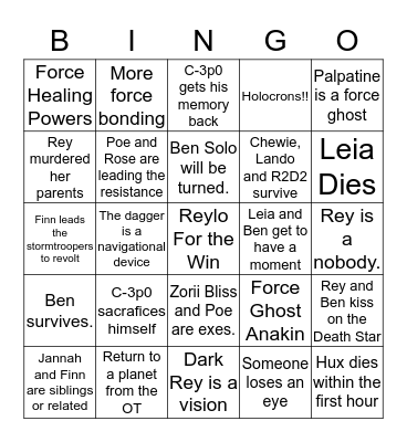 Star Wars TROS Bingo Card