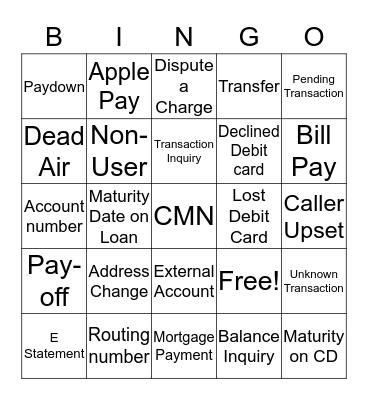 Call Center Bingo Card