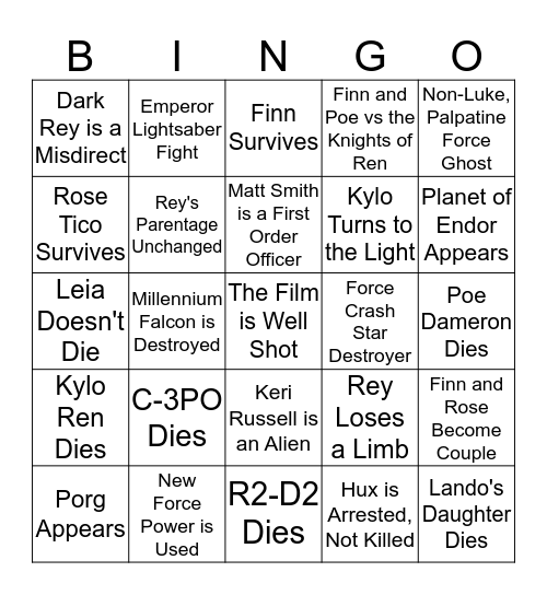 Rise of Skywalker Bingo Predictions Bingo Card