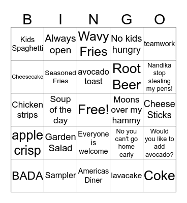 Dennys Bingo Card