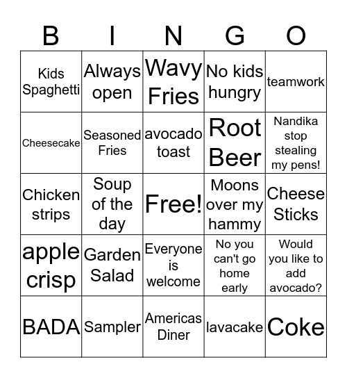 Dennys Bingo Card