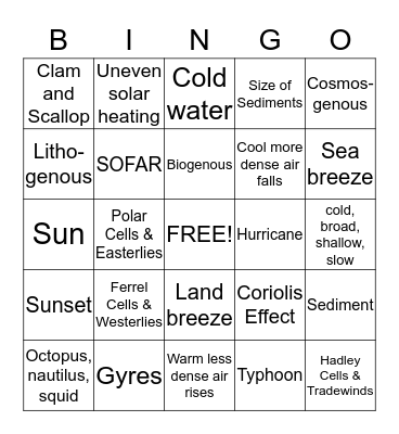 Oceanography Fall Review pt 2 Bingo Card