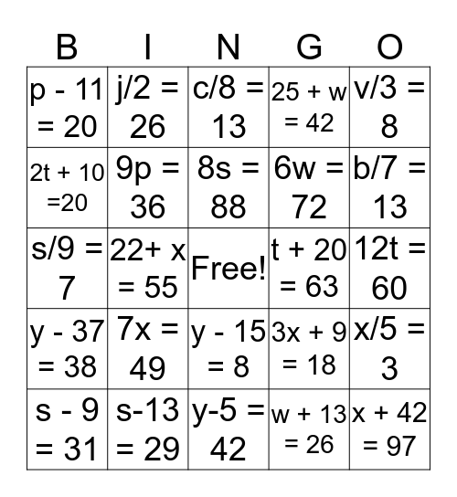 MATH-O Bingo Card