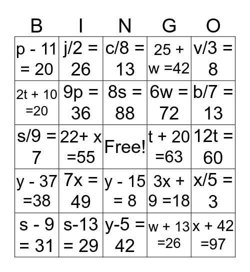 MATH-O Bingo Card