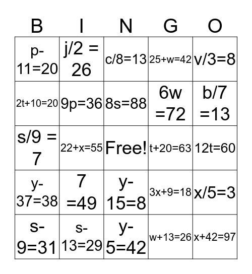 MATH-O Bingo Card