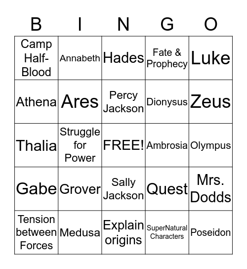 Percy Jackson and the Lightning Thief Bingo Card