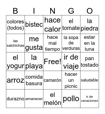 Naturaleza y Comida Bingo Card